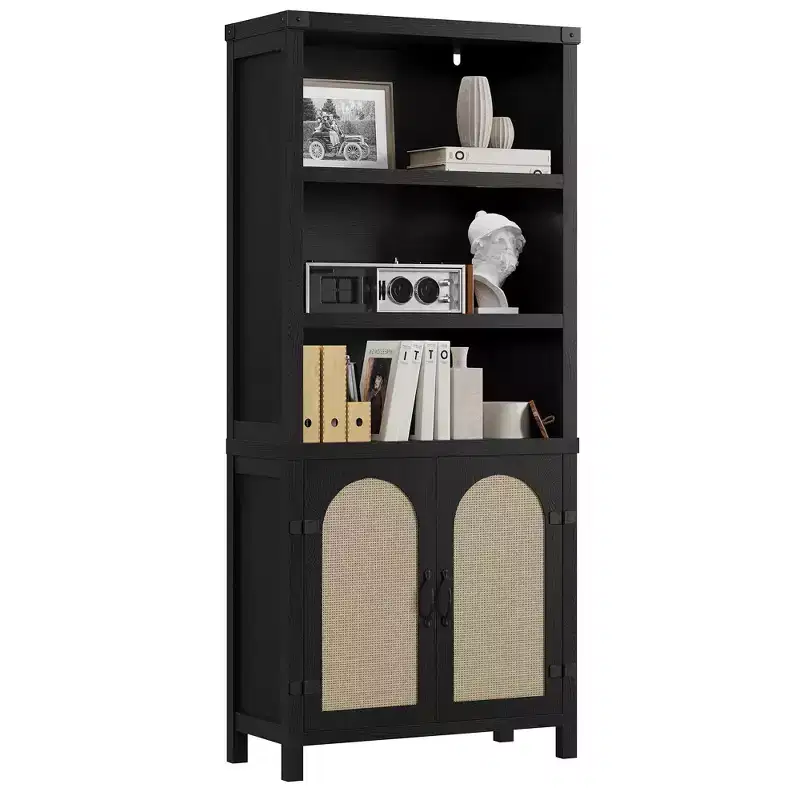 Rustic Bookshelves and Bookcases with Doors, Wooden 3 Shelf Bookshelves with Cabinets, 70 Tall Floor Standing Display Storage Shelves for Bedroom
