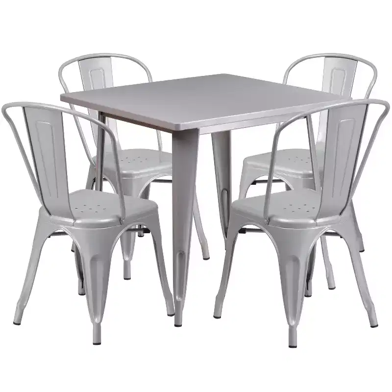 Emma and Oliver Commercial Grade 31.5 Square Metal Indoor-Outdoor Table Set with 4 Stack Chairs