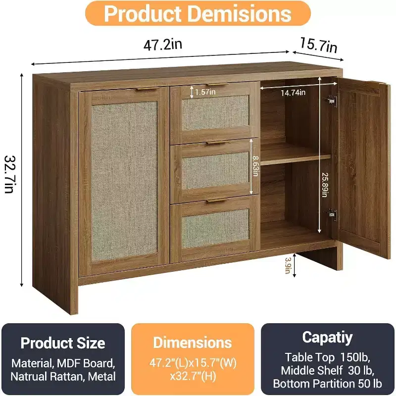 COZONY Modern Rattan Storage Cabinet, 47 Sideboard with Drawers & Doors, Multi-Purpose Home Organizer 3 pcs with 3 boxs shipping
