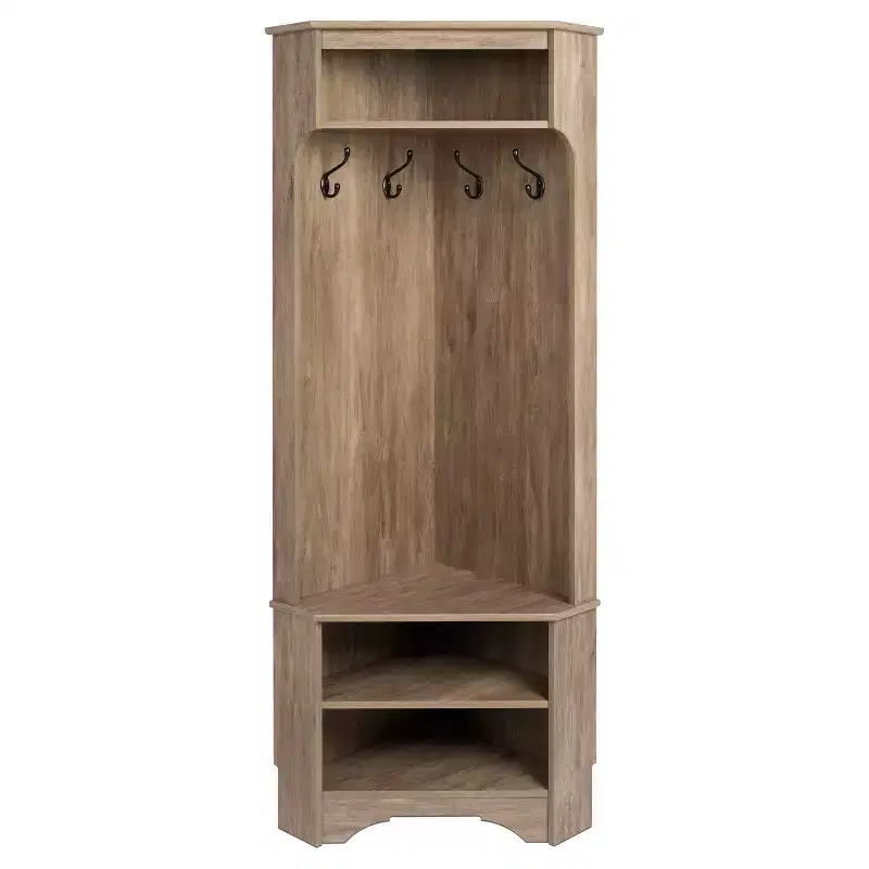 Driftwood Corner Hall Tree – Single, 4 Hooks & Shelves