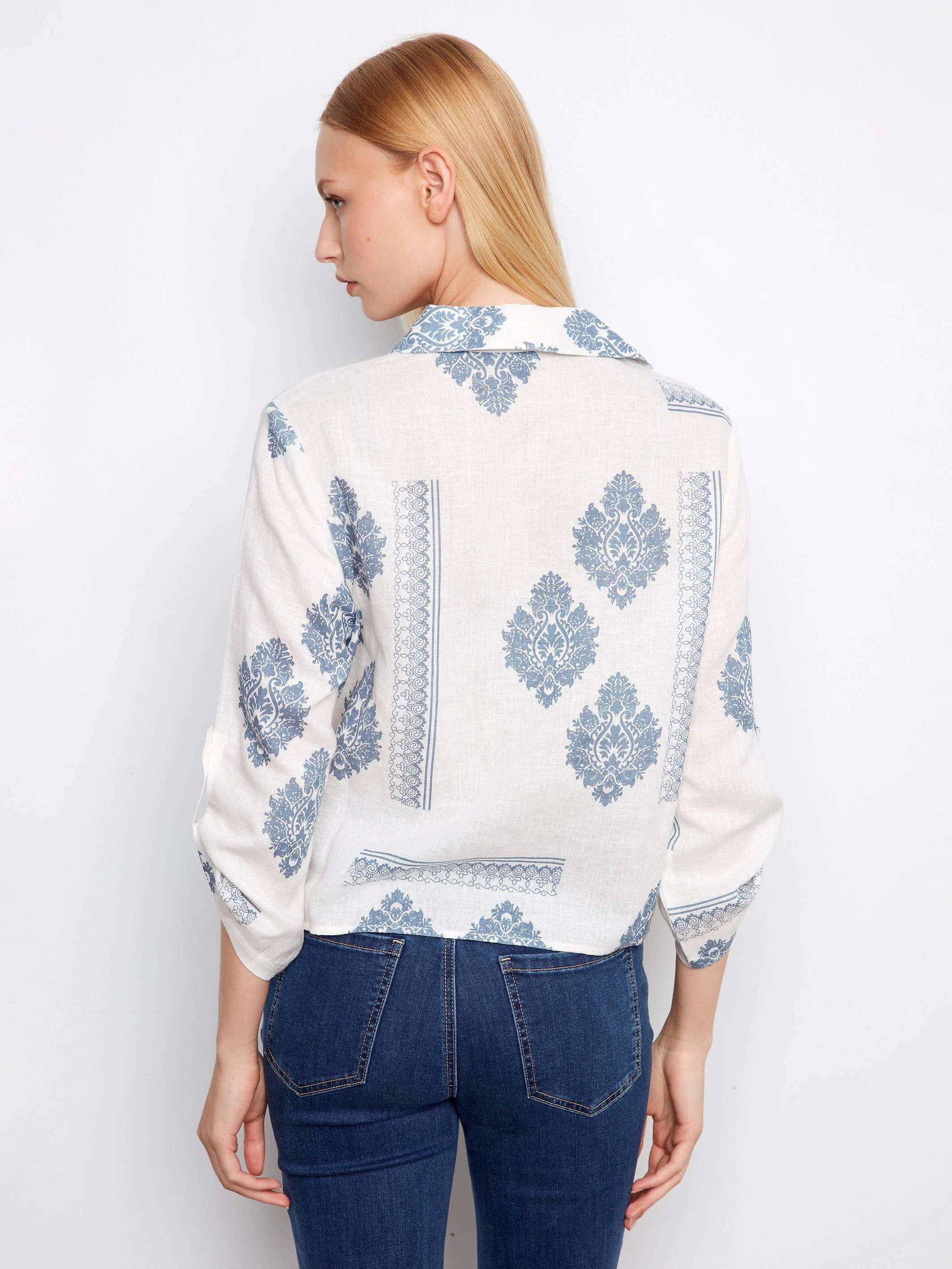 Printed Linen Blend Button-Up Blouse - Blue