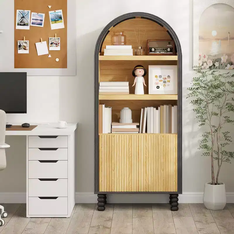 5-Tier Arched Bookcase with Open Shelves and Cabinet