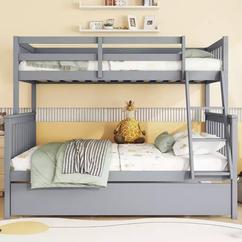 Gray Twin Over Full Bunk Bed with Trundle, Convertible & Detachable, for 1–3 Users