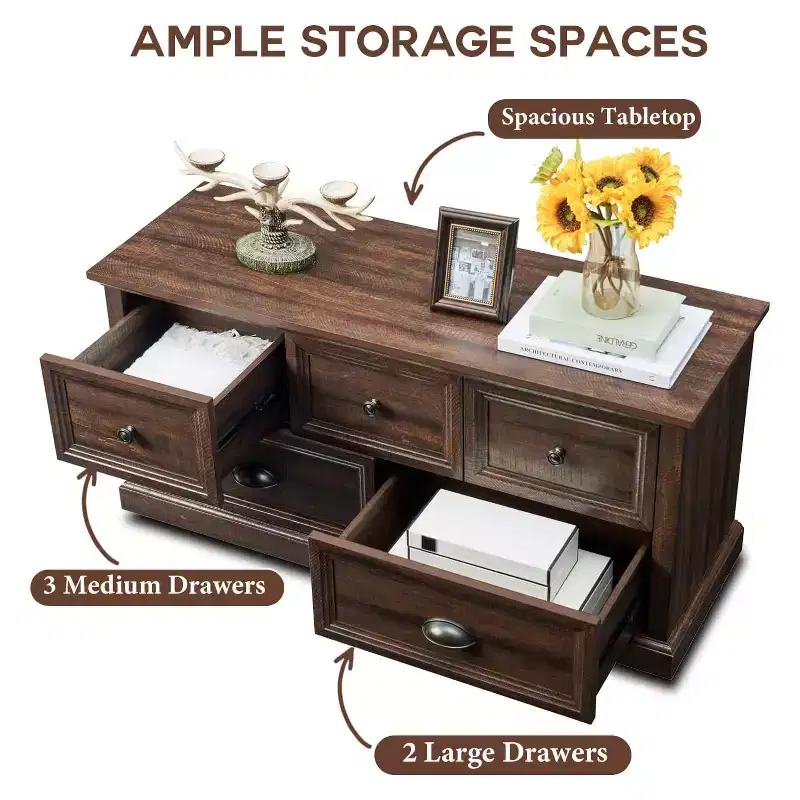 SinCiDo Farmhouse Dresser with 5 Drawer, 45 Wide Horizontal Dresser Chests for Bedroom, Wood Rustic Dresser for Closets