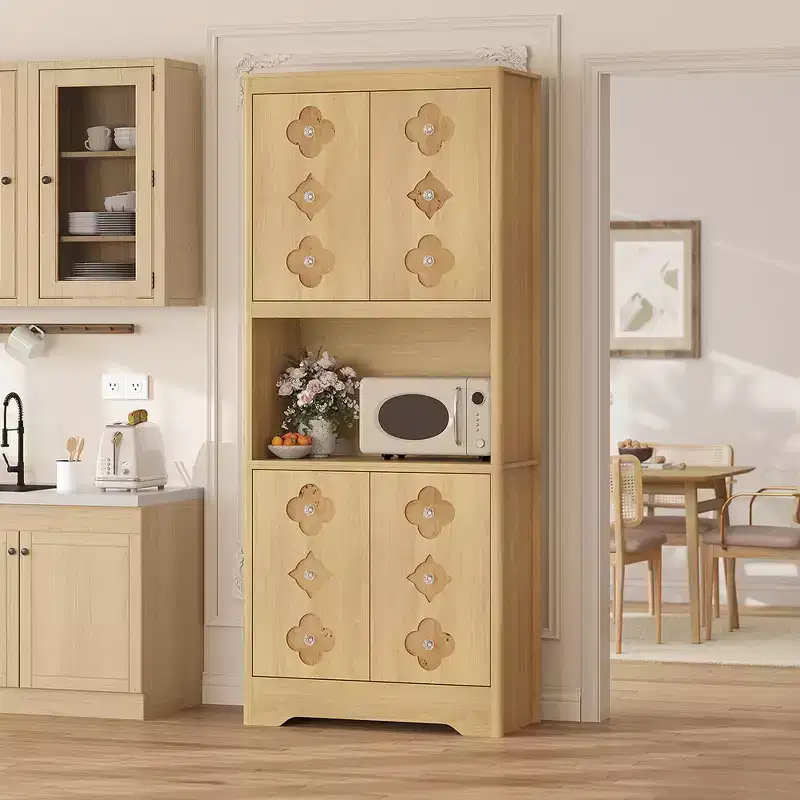 Beige/Brown/White Freestanding Pantry Cabinet, 4-Door Wooden Storage Hutch with Countertop, Carved Door & Crystal Handle
