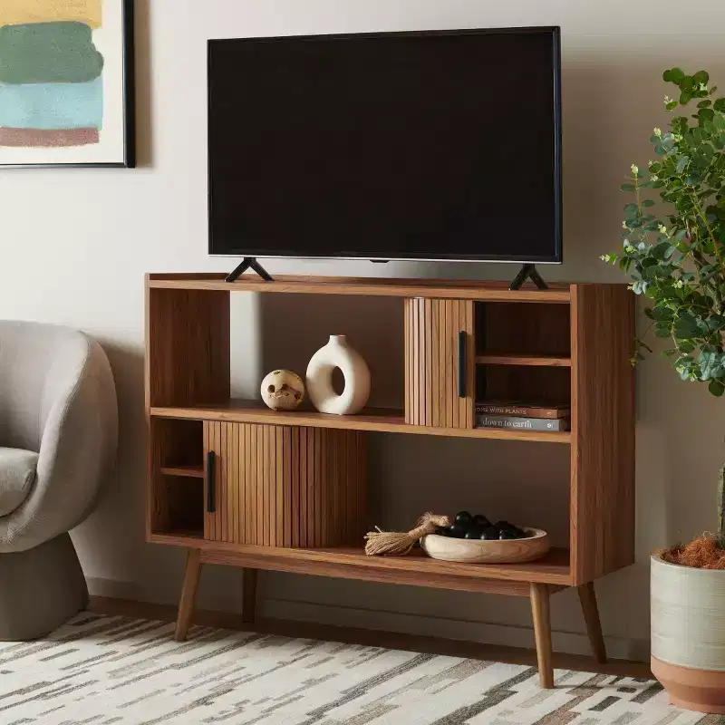 Tambour Door Media Stand, Deep Walnut Finish with Tapered Legs