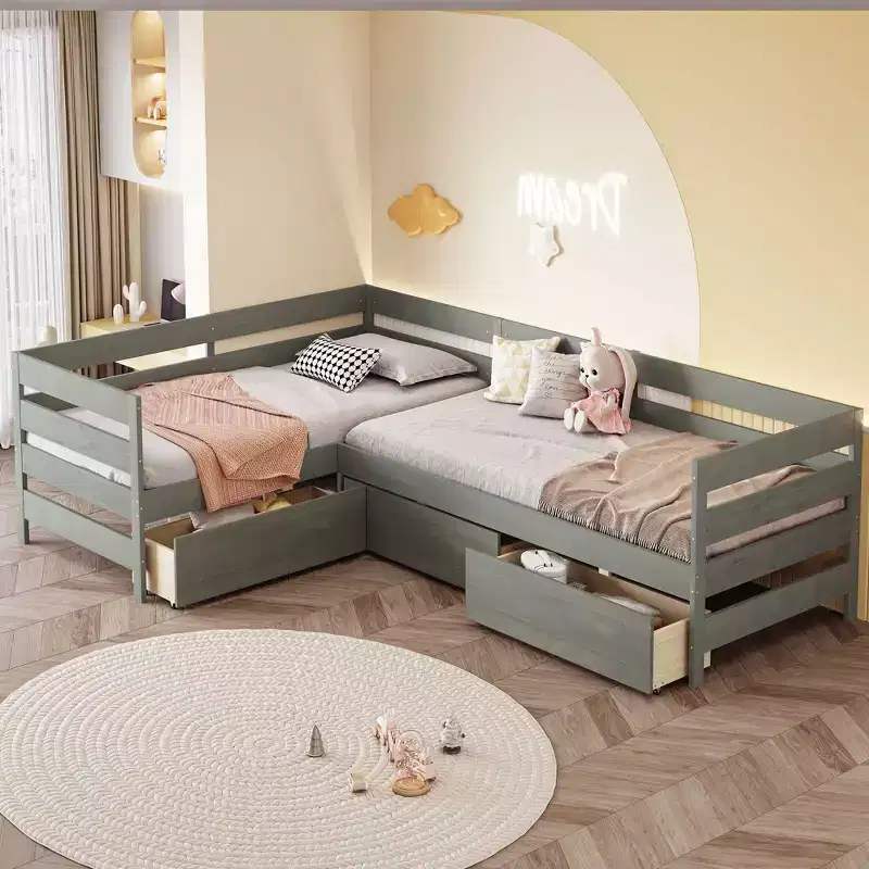Twin Size L-Shaped Daybed with 3 Storage Drawers, Wood Bed Frame - ModernLuxe
