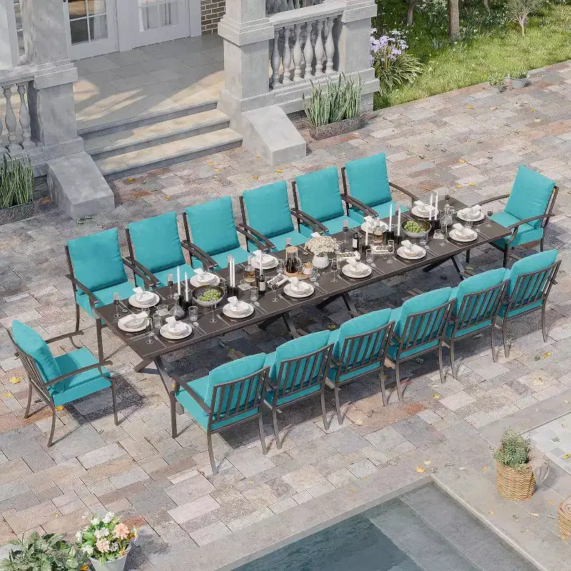 ALAULM 16 Piece Patio Dining Set Outdoor Furniture, Metal Patio Furniture Set 14 Fixed Chairs and 2 Large Tables with Umbrella for Garden