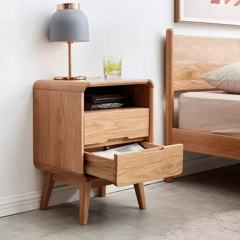 Modern Solid Oak Nightstand with 2 Drawers, Mid-Century Bedside Cabinet with Storage