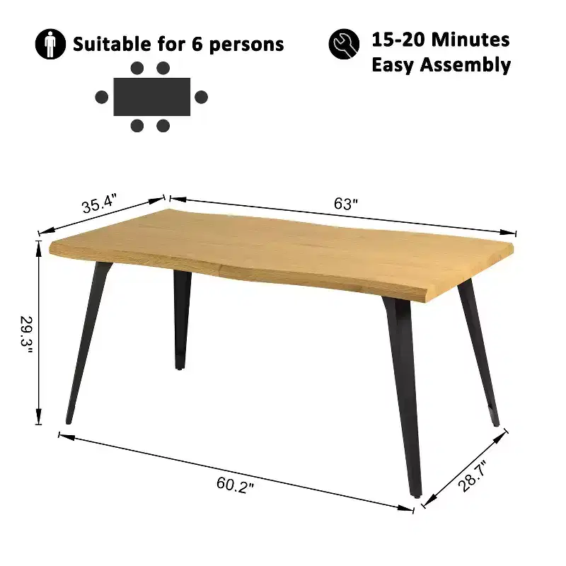 Homy Casa 63 Rectangular Dining Table for 6, Modern Wood Look Table with Black Metal Legs