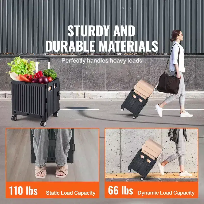 Foldable Rolling Utility Cart, 110 lb Capacity Portable Crate with Telescoping Handle and 4 Swivel Wheels, Black