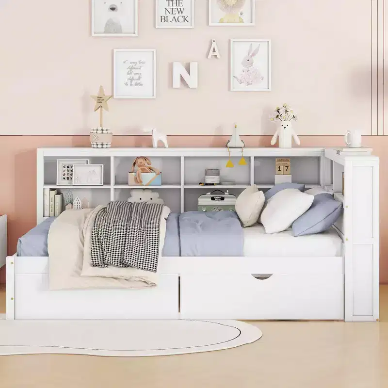 Wooden Full Size Daybed with 2 Drawers, Storage Shelf and Charging Ports for Bedroom, White