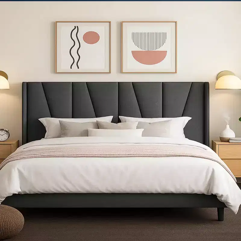 Platform Bed Frame with Geometric Wingback Headboard, Modern Upholstered Bed with Wooden Slats Support, No Box Spring Needed, Easy Assembly