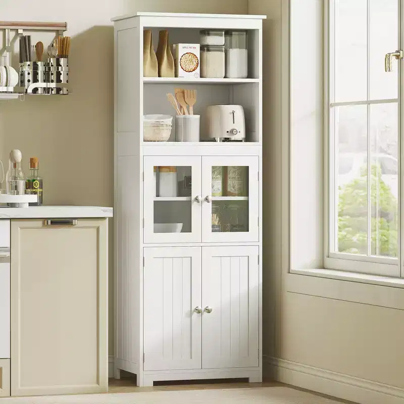 63 Small Buffet with Hutch, 4-Door Kitchen Pantry, Freestanding Storage Cabinet with Adjustable Shelf for Dining Room, Living Room