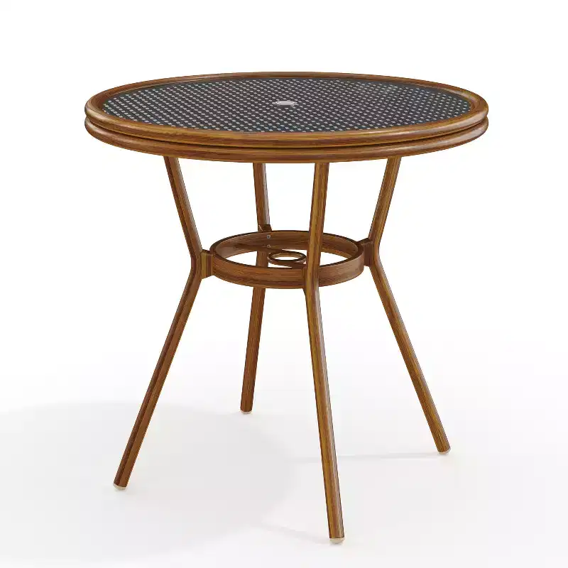 Martha Stewart Lily Pond 31 Round Indoor-Outdoor Bistro Dining Table with Woodgrain Aluminum Finish Frame and Woven Rattan Tabletop