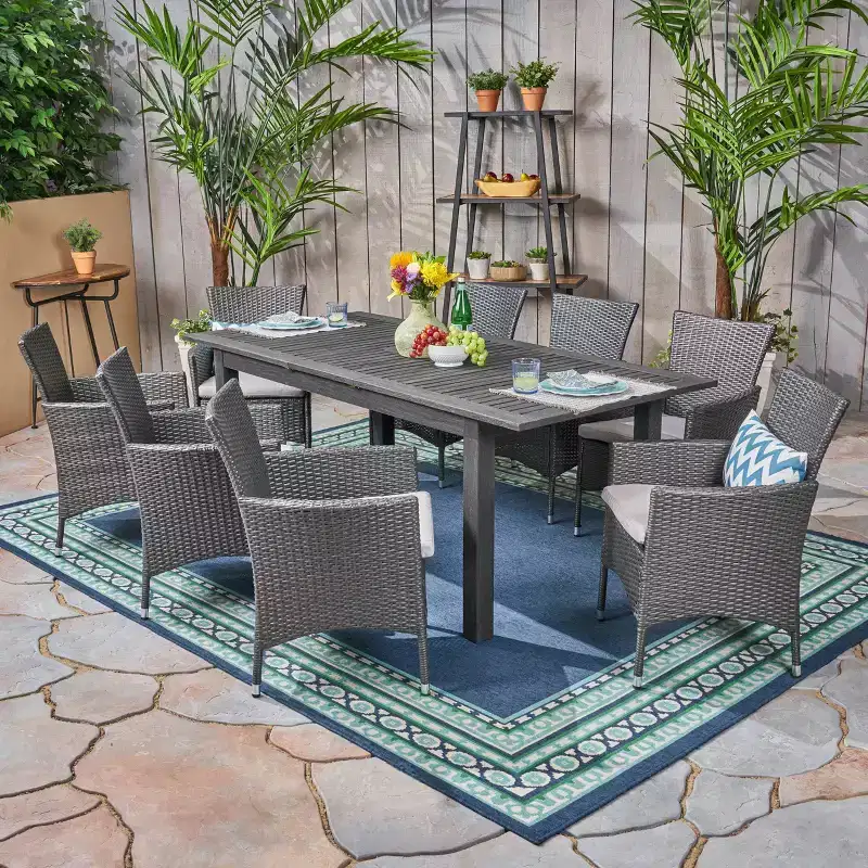 Nadia 9pc Wood and Wicker Expandable Dining Set Gray: Acacia Frame, PE Rattan, Cushions - Christopher Knight Home