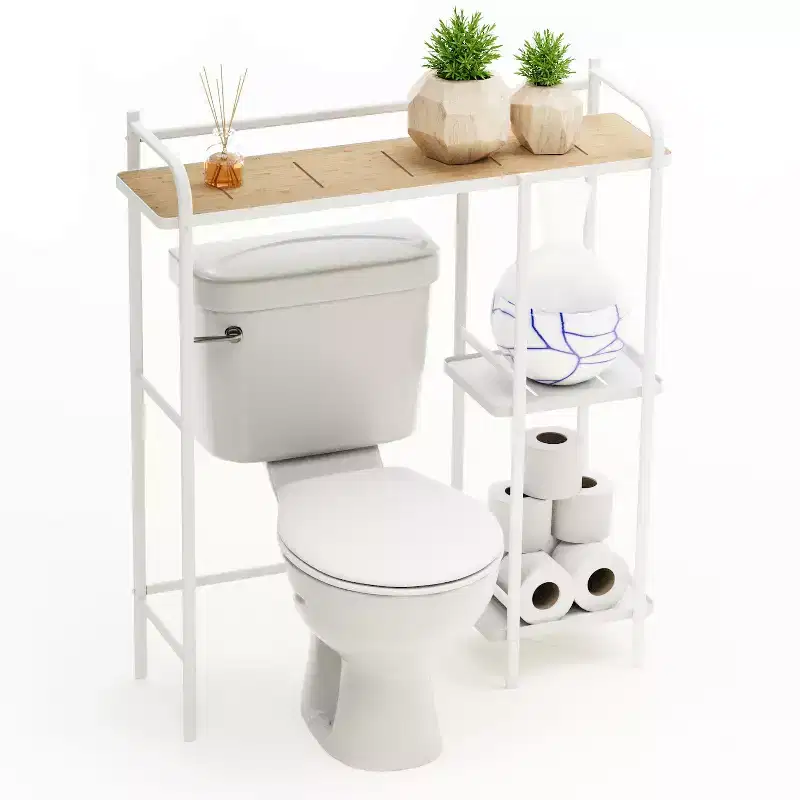 Home Zone Living Over-the-Toilet 3-Tier Storage Organizer with Bamboo Accent Top and Steel Frame, Freestanding Bathroom Shelf, White Finish