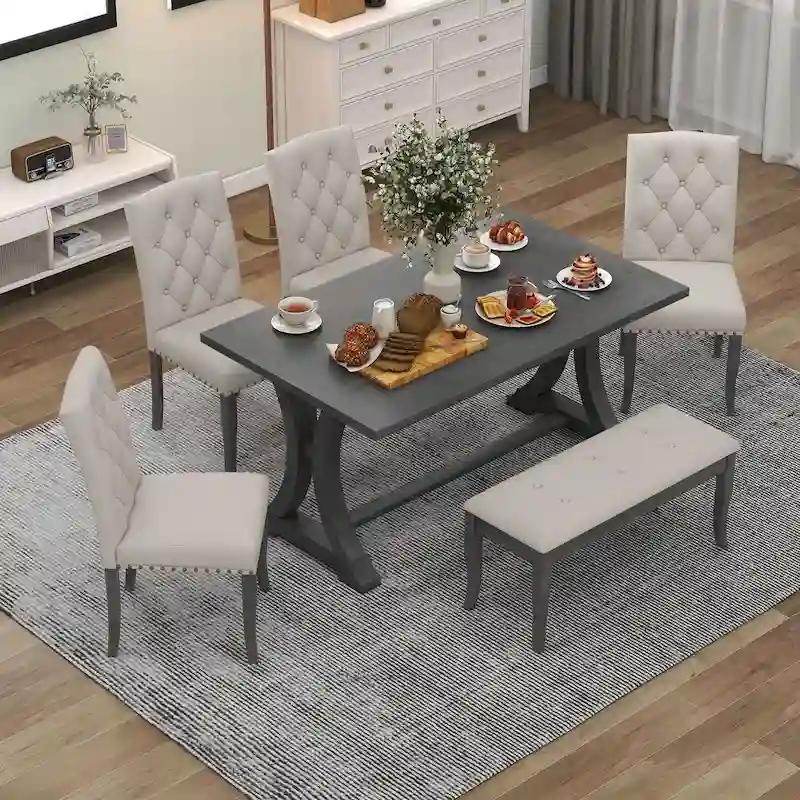 6-Piece Farmhouse Dining Table Set, Rectangular Trestle Table and 4 Upholstered Chairs & Bench