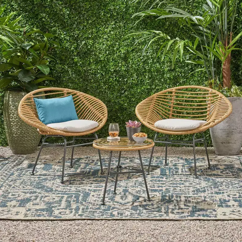 Meridian 3pc Faux Wicker Chat Set Light Brown: Christopher Knight Home, Steel Frame, Weather-Resistant