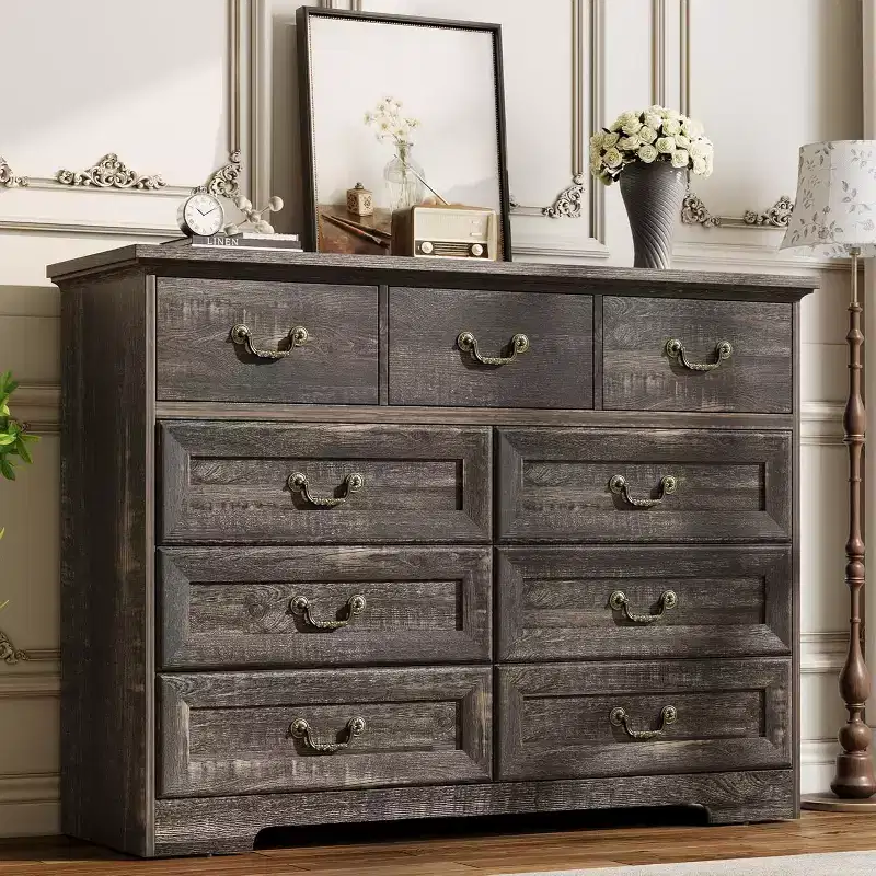 Dresser for Bedroom with 9 Drawers,47 Wide Vintage Chest of Drawers with Metal Handle & Natural Texture,Wood Dresser for Living Room,Hallway