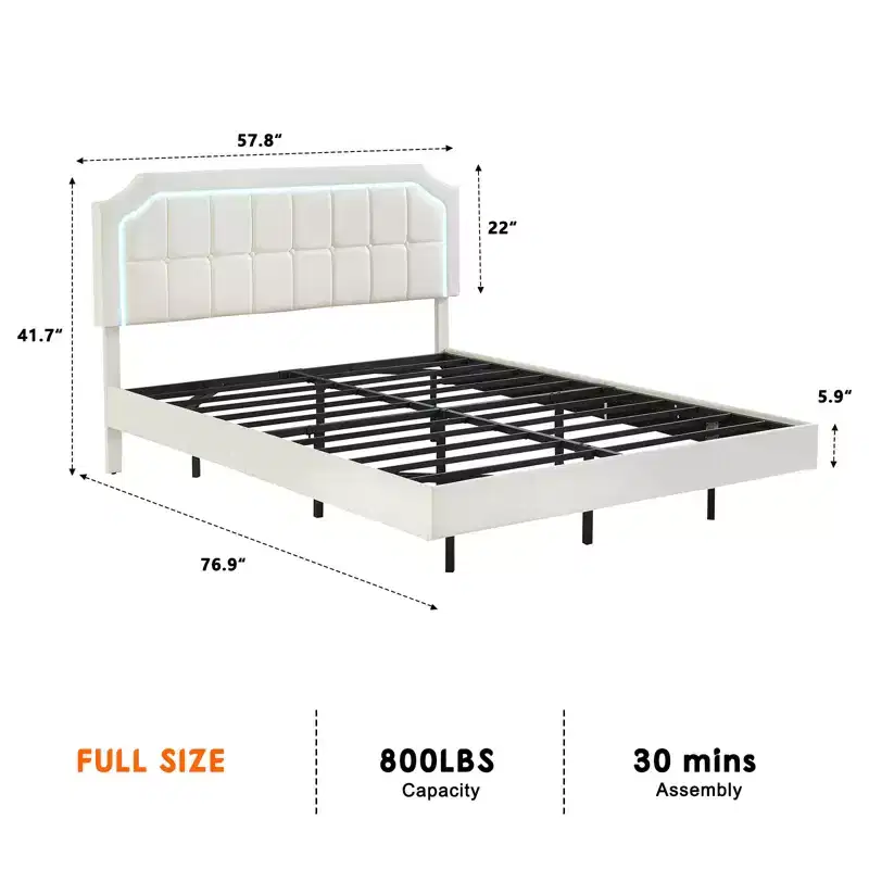 Floating Bed Frame with RGB LED Lights - Upholstered Platform with Adjustable Button Tufted Headboard, No Box Spring Needed, Easy to Assemble