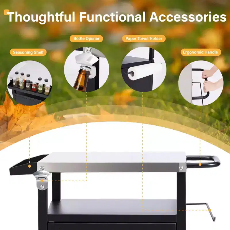 Outdoor Grill Table Cart with Cabinet, Stainless Steel Movable Kitchen Island with Large Storage Cabinet, Multifunction Food Prep Table