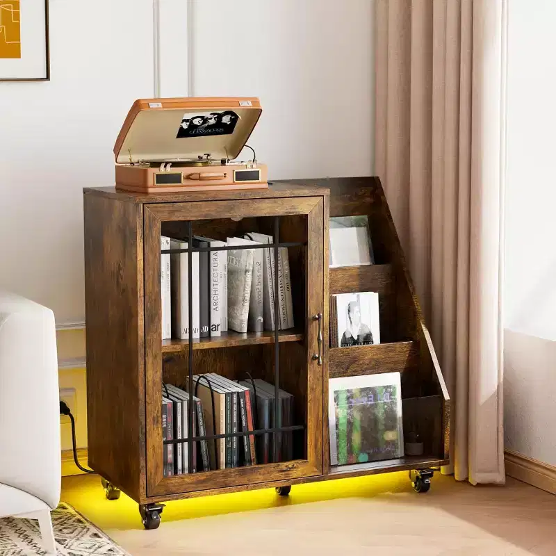 VINGLI Record Player Stand with Vinyl Storage, Vinyl Record Holder Up to 350 Albums, Record Player Table with LEDCharging Station