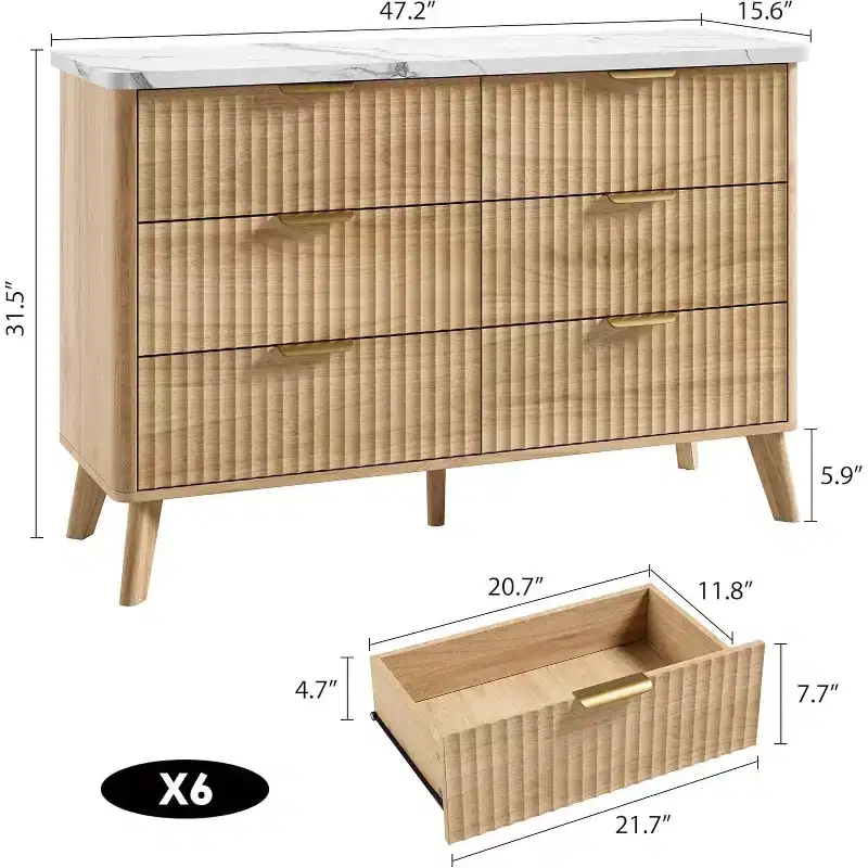 6 Drawer Dresser for Bedroom, 47 Wide Chest of Drawers with Thickened & Large Pattern Design