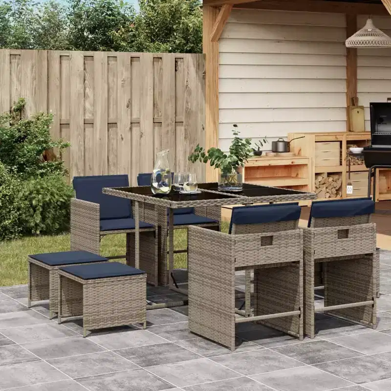 vidaXL Patio Dining Set Set of 8 Gray Poly Rattan Large Foldable