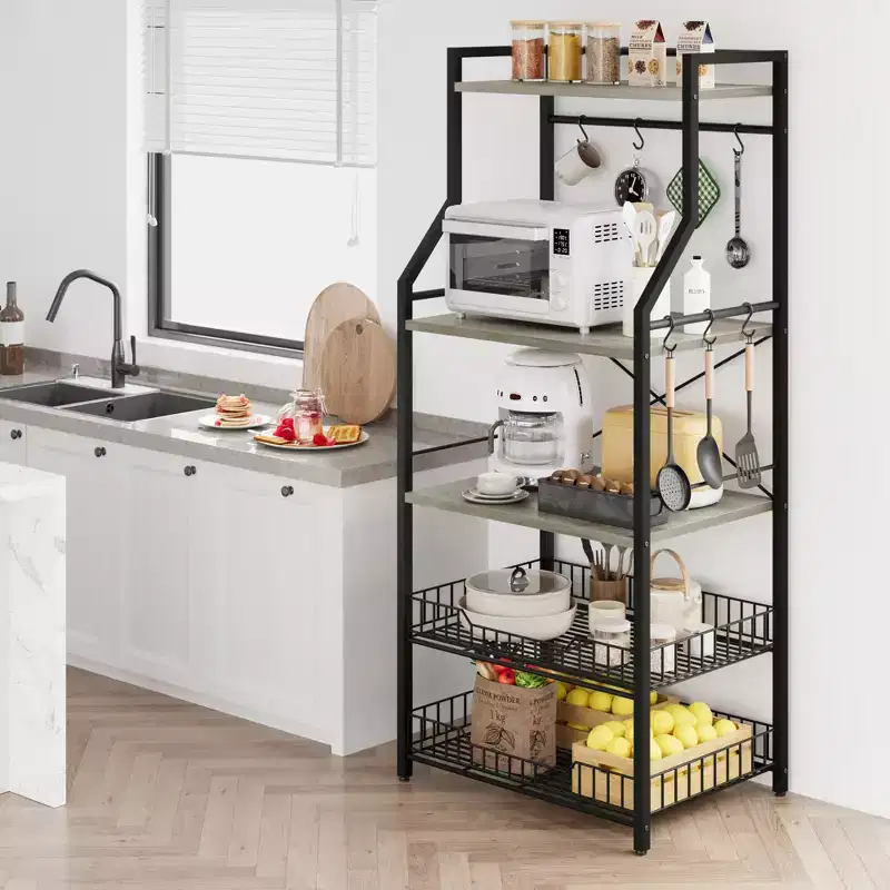 Freestanding Kitchen Bakers Rack, 5 Tier Microwave Stand with Wire Basket & Adjustable Feet, 50.7'' Tall Industrial Coffee Bar Statio