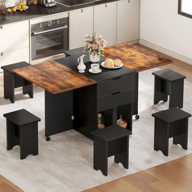 Moasis 5 Pieces 7 Pieces Folding Dining Set with Drop Leaf Table and Storage Stools for up to 6 People