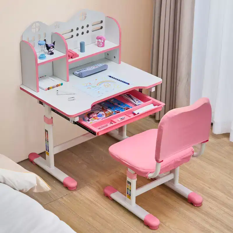 VEVOR Kids Study Chair and Desk Set, Study Desk and Chair for Kids with Bookshelf and Storage Drawer, Adjustable Height Kids Study Desk, Pink