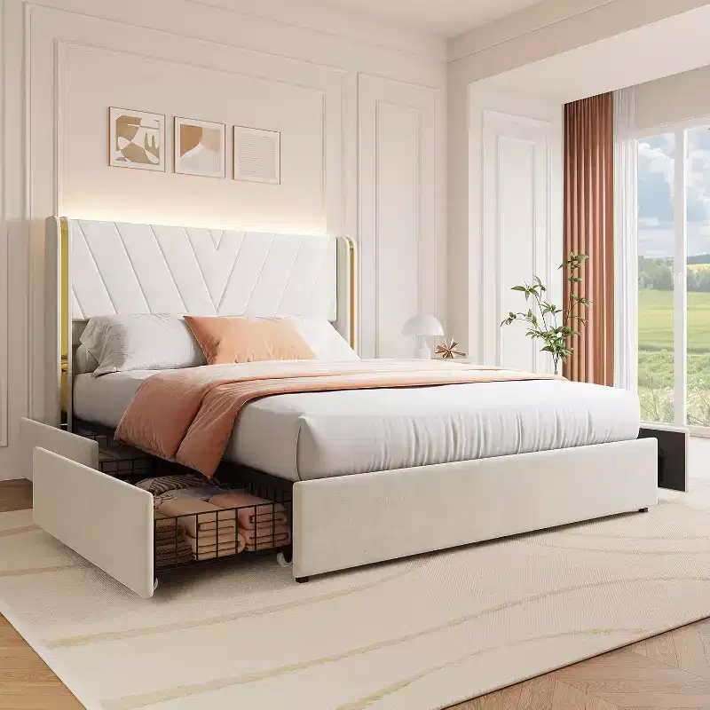 Upholstered Bed Frame,Queen Size Bedframe with 4 Storage Drawers,Velvet Platform with Wingback Headboard,No Box Spring Needed,Noise Free,Easy Assembly
