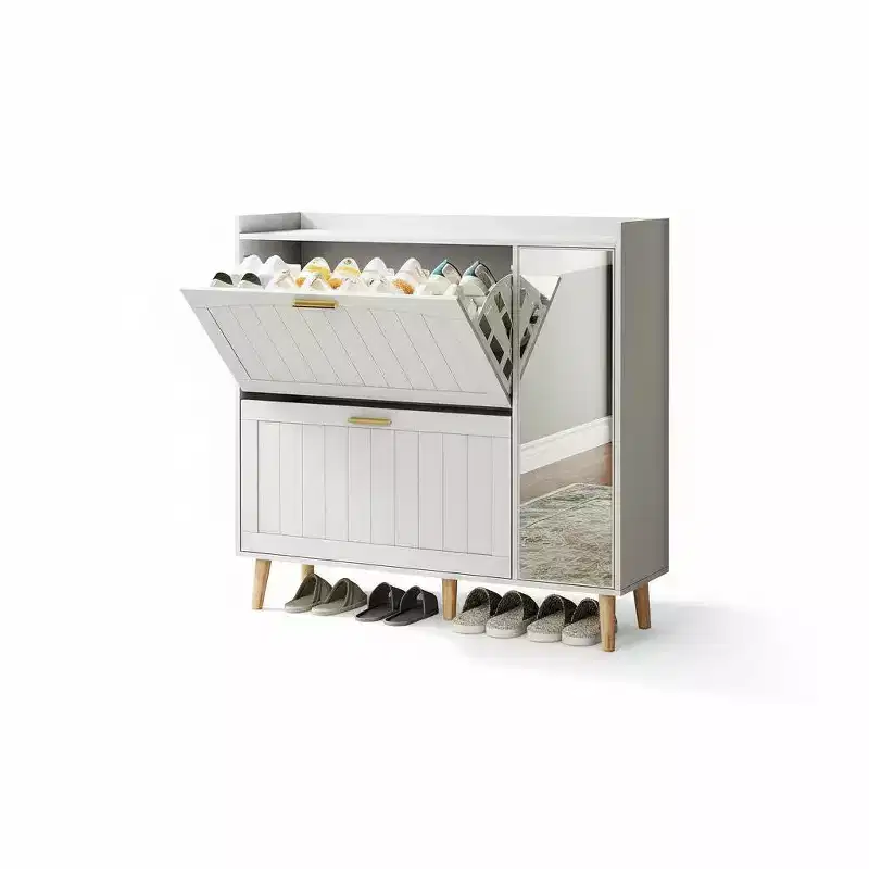Acekool White Shoe Cabinet with Mirror 2 Flip Drawers Side Storage for Entryway Bedroom