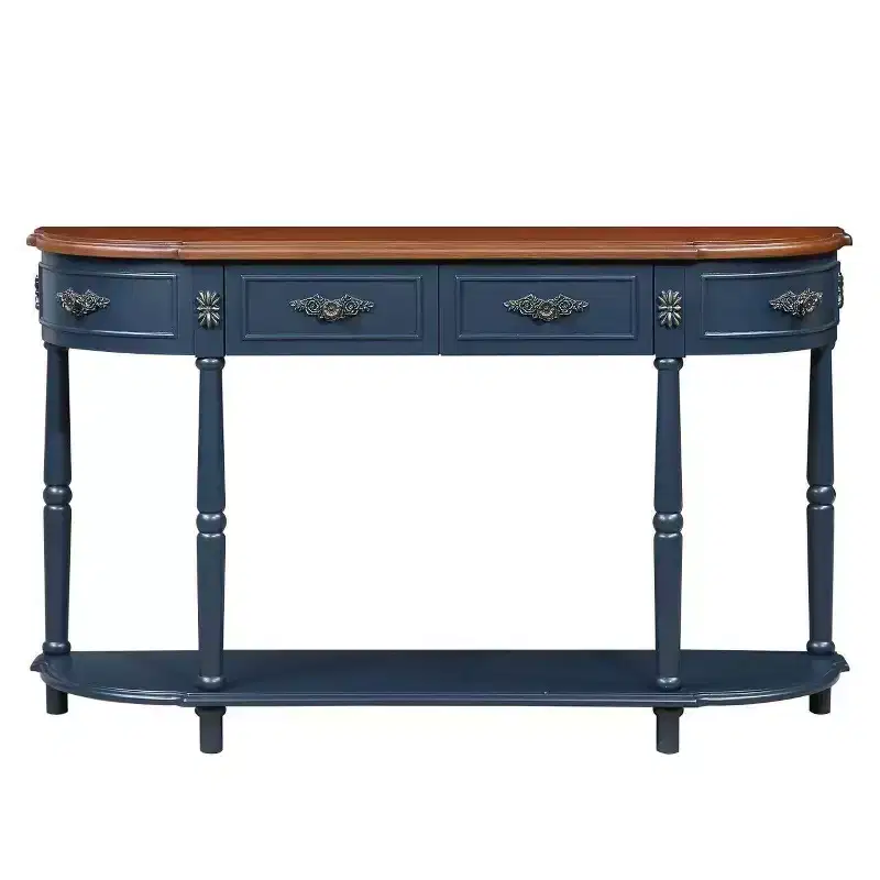 Hostack 52'' Retro Curved Wood Console Table with Open Shelf and 2 Drawers for Living Room and Hallway, Navy Blue and Brown Top