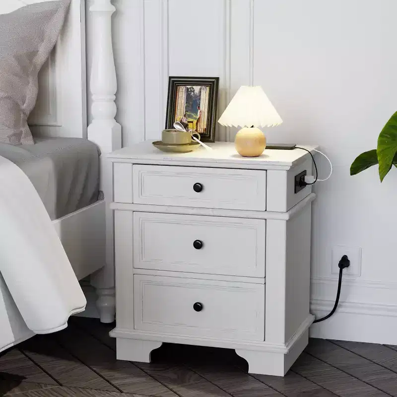 White Rustic Nightstand with Charging Station, 3 Drawers, Single