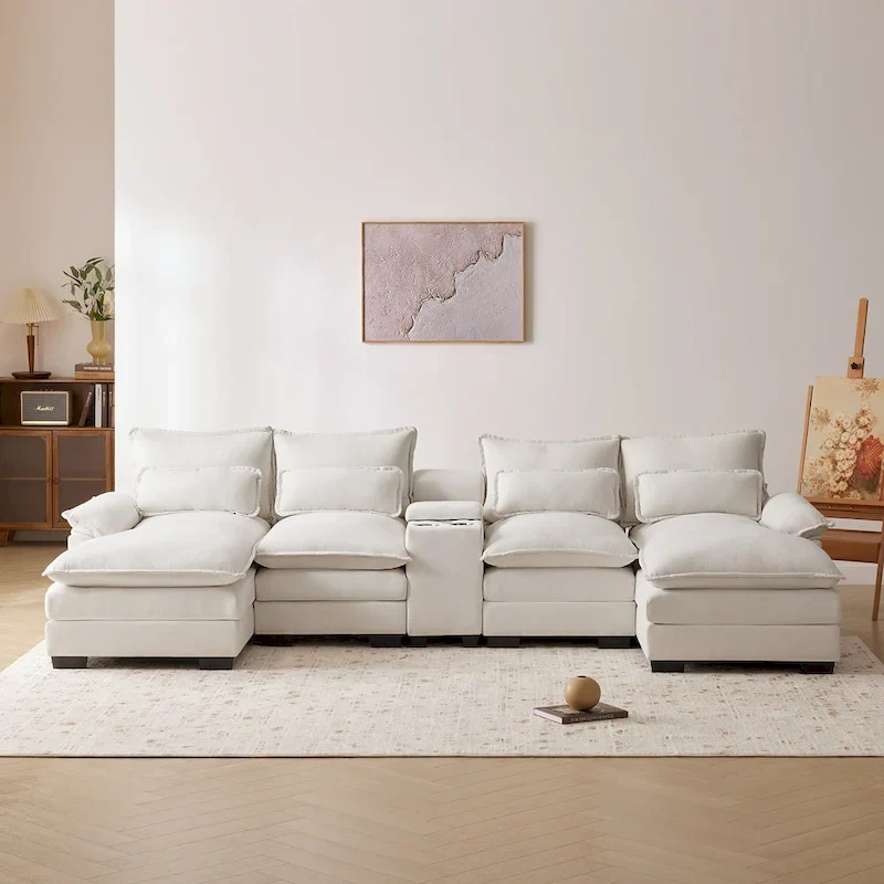 [VIDEO provided][New]123*55 Modern U-shaped Sofa with Console,Cupholders and USB Ports,6-seat Upholstered Symmetrical Indoor Fu