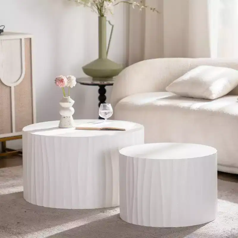 Set of 2 Round Nesting Coffee Tables with Handcrafted Relief Design for Living Room