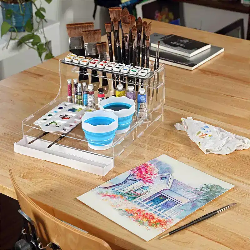 HG Art Concepts Mezzo Artist Studio Watercolor Organizer - Watercolor Paint Brush Holder w/ Palette, Drip Pan, Collapsible Cups, Magnetic Half Pans &