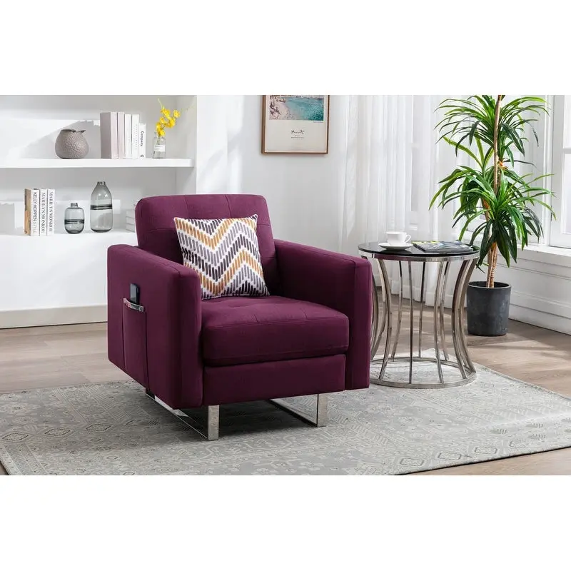 Linen Fabric Armchair with Metal Legs, Side Pockets, and Pillow