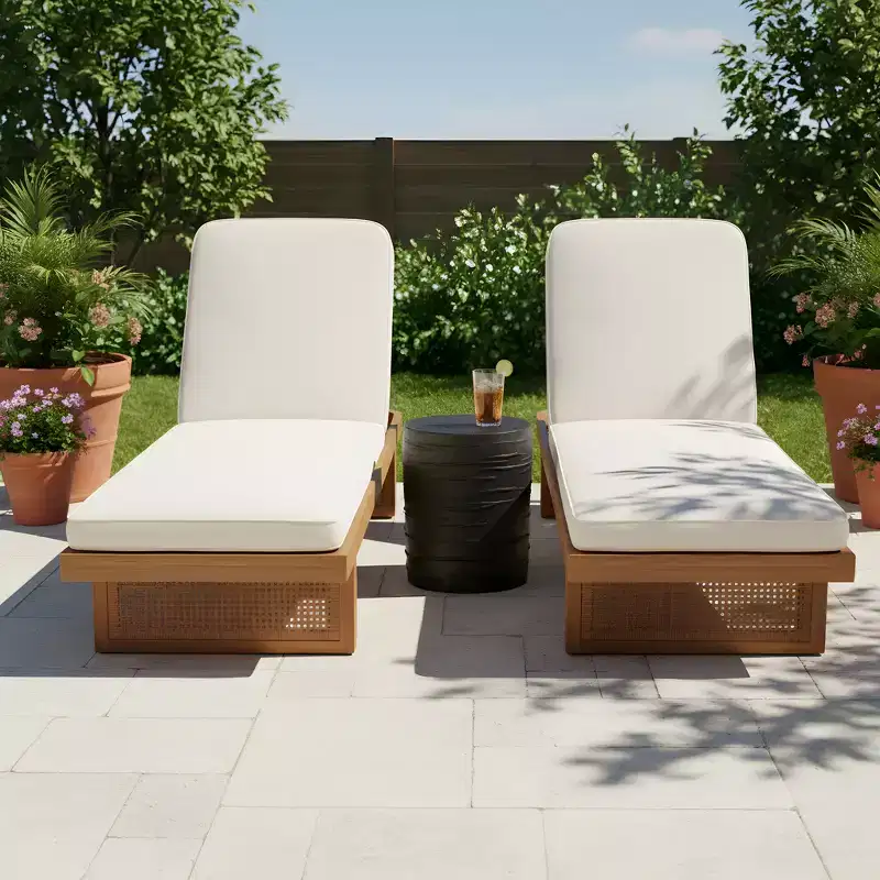 Christopher Knight Home Zenaida Patio 3 Piece Acacia Wood Rattan Sunlounge Set with Cushion and Lightweight Concrete Table