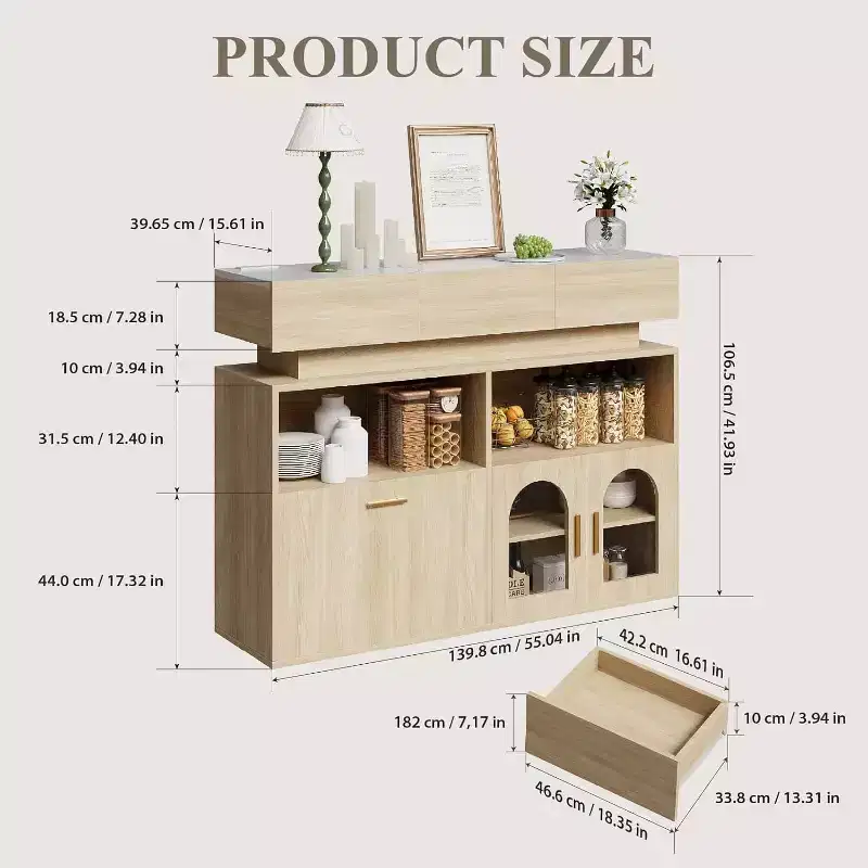 Coffee Bar Cabinet, 3 Drawers, Adjustable Shelf, for Dinning Room, Living Room, Kitchen