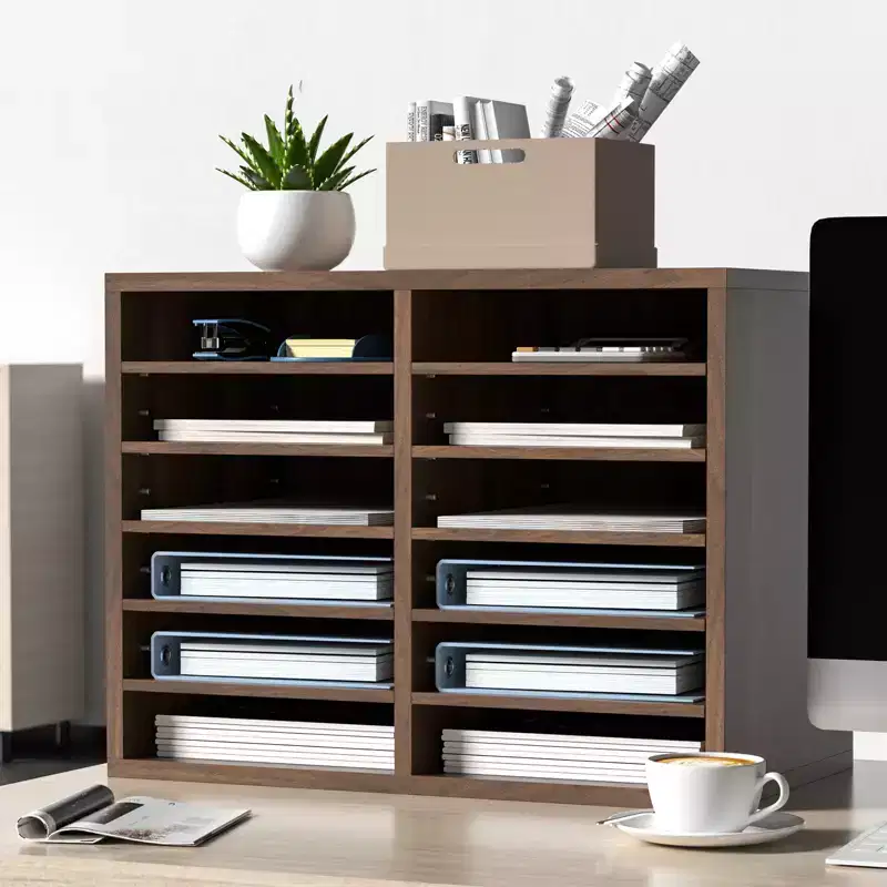 12-Compartment Wood Literature Organizer with Adjustable Shelves