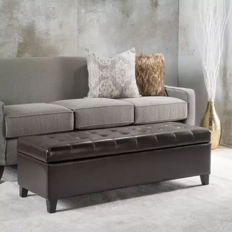 GDFStudio Contemporary Faux Leather Tufted Storage Ottoman Bench, Chocolate Brown