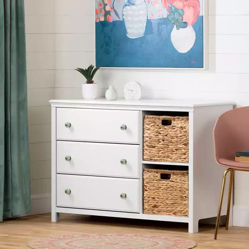 Balka 3 Drawer Kids' Dresser with Baskets Pure White - South Shore: Dressers for Bedroom, Toddler Storage, Farmhouse Style