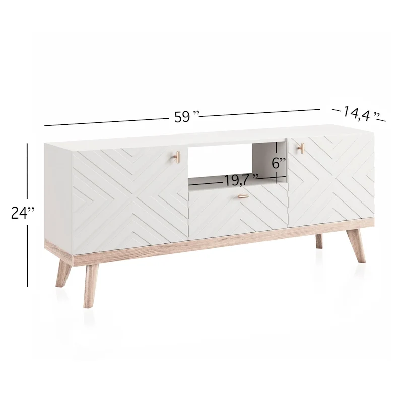 Mid-Century Modern TV Stand Console with Drawer, Beige, Fits TVs up to 65 in, Wood Legs