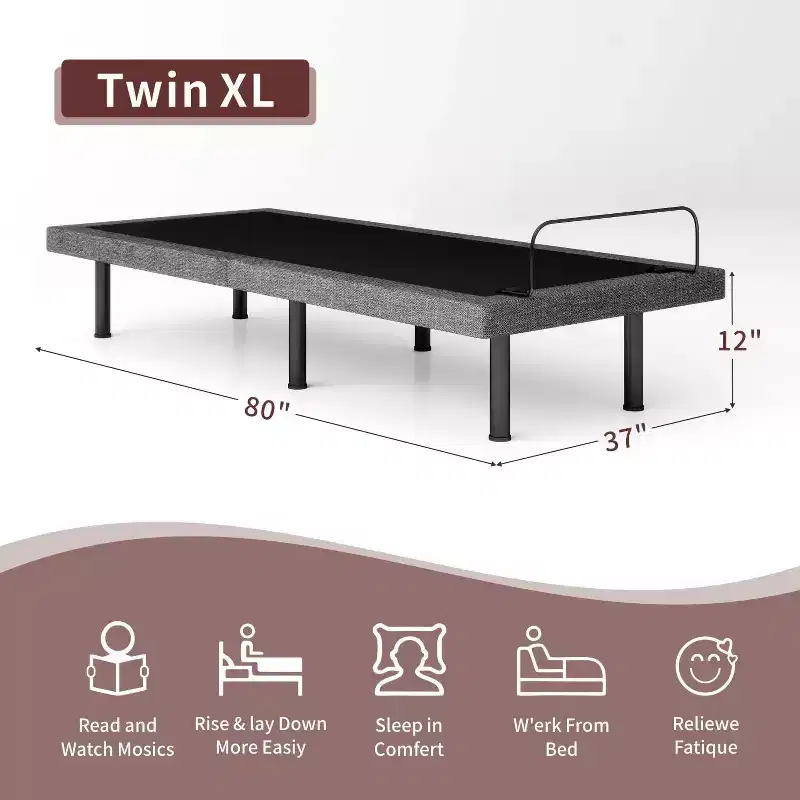 Twin XL Adjustable Bed Frame, Electric Base with Wireless Remote, Head & Foot Lift, Zero Gravity, Anti-Snore, Sturdy Metal & Wood, 3 Heights