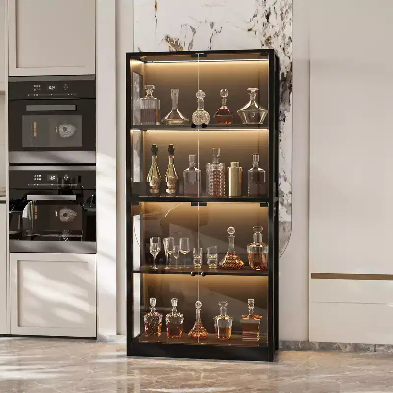 31.5x65 Tempered Glass Curio Cabinet with Motion Sensor Lights 4-Door Tall Black Display Case Bookcase Bookshelf Sideboard Pantry