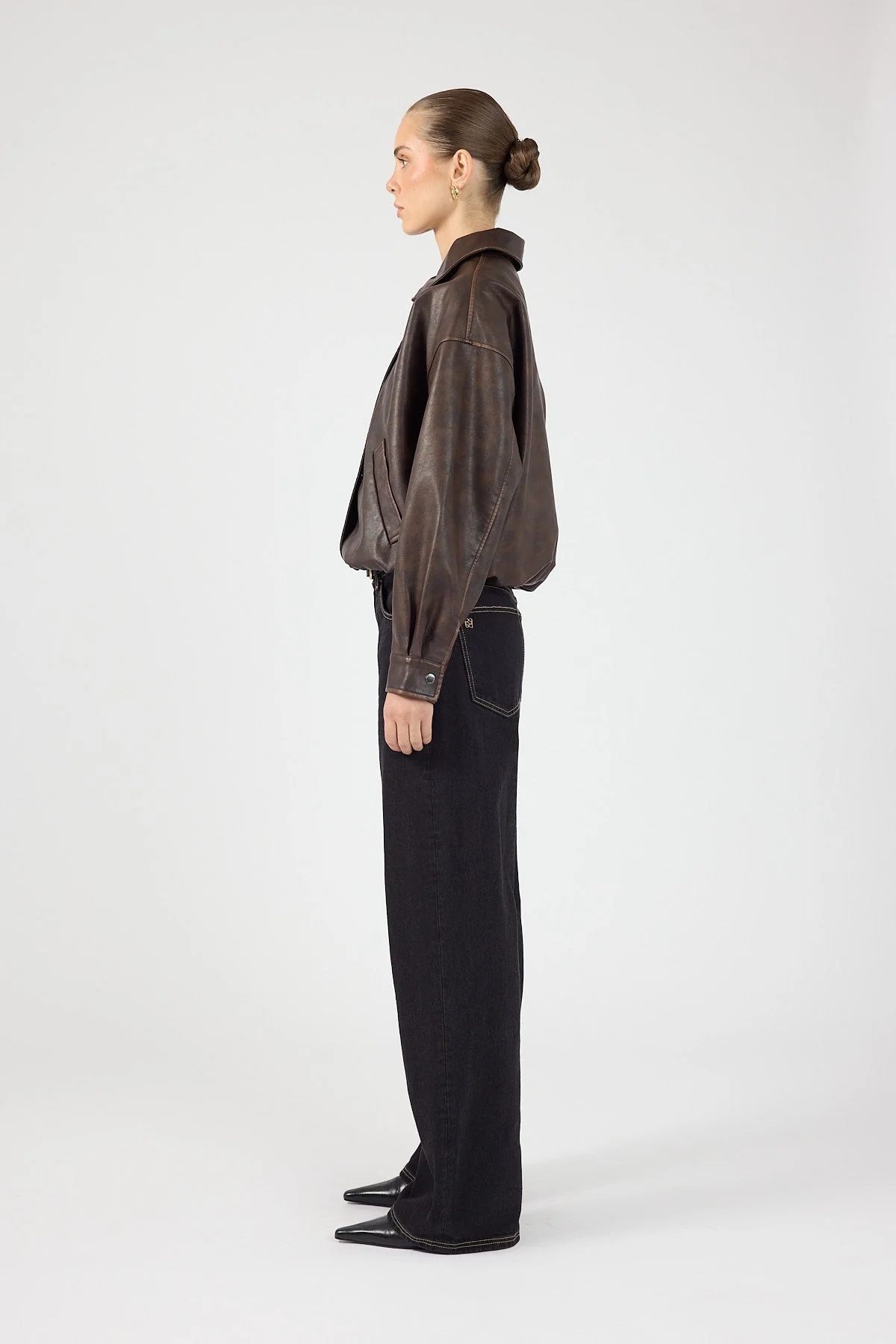 Washed Faux Leather Bomber Brown