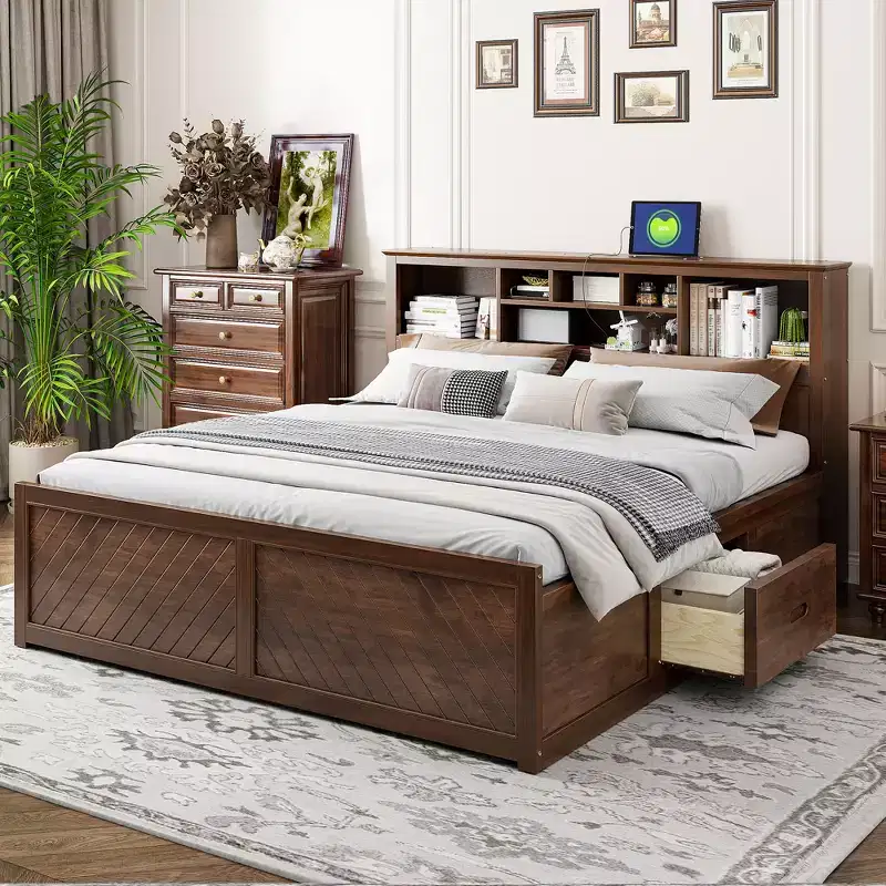 Whisen King Size Wood Platform Bed with Multi-storage Headboard, USB and Drawers